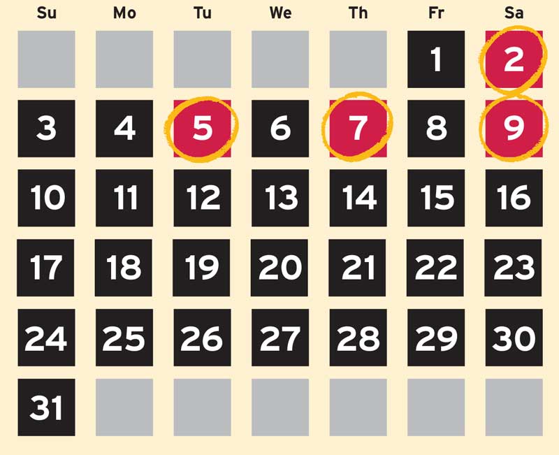 Red Line open house calendar May 2026 with circled dates of May 2, 5, 7, and 9